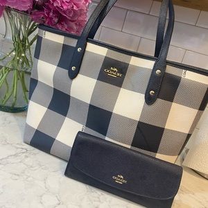 Coach buffalo check handbag with matching wallet.